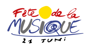 offizielles Logo der Fete de la Musique: rein typografischer bunter Schriftzug Fete de la musique 21. Juni